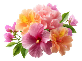 Pink and orange hibiscus and bougainvillea flowers. Transparent background. 