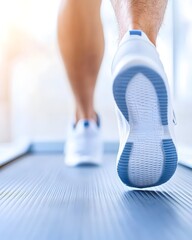 Close-up of feet in white sneakers walking on a treadmill during indoor workout