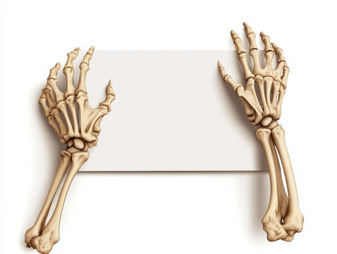 Detailed skeletal hands gripping a blank white sign against a plain background with a clean, eerie aesthetic for Halloween-themed decor