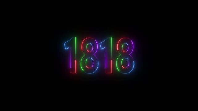 1828 neon line text. Abstract 1818 neon text animation ,For neon color Glowing neon number text background 4k video animation . 1818 title metal text on black alpha channel background.