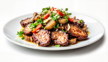 Fototapeta premium Gourmet meat dish with vibrant toppings, culinary excellence