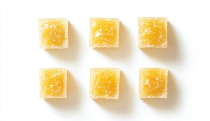 Six Light Yellow Lemon Gummies on White Background
