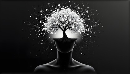 "Human head with blooming tree inside, symbolic imagination, charcoal drawing on black paper"