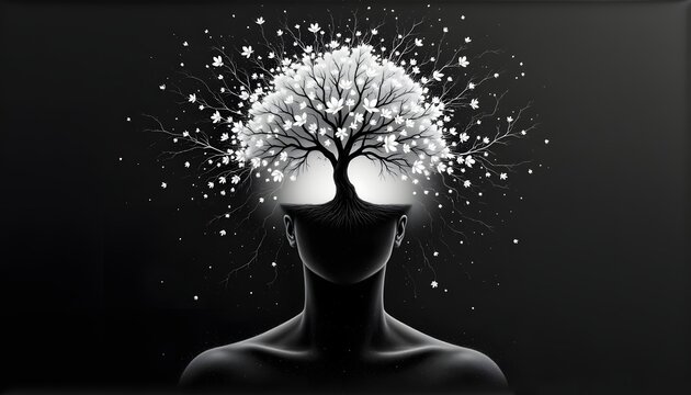 "Human head with blooming tree inside, symbolic imagination, charcoal drawing on black paper"