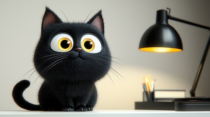 Cute cartoon black cat sits on desk