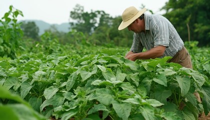 Farmer Inspecting Quality Potato Crop: Green Potato Tops, Solanum Tuberosum, Farmer'S Pride, Healthy Tuberous Plant On Agricultural Land.