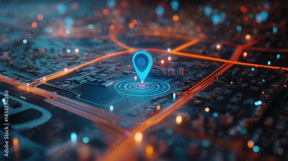 Poster 3D rendering of glowing location pin icon on digital city map with blue and orange lighting effects, surrounded by circuit patterns and abstract highway lines connecting urban structures. Concept of A