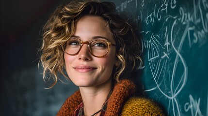 A smiling young woman with curly hair and glasses leans against a chalkboard filled with complex mathematical equations.