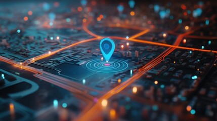 Fototapeta premium 3D rendering of glowing location pin icon on digital city map with blue and orange lighting effects, surrounded by circuit patterns and abstract highway lines connecting urban structures. Concept of A