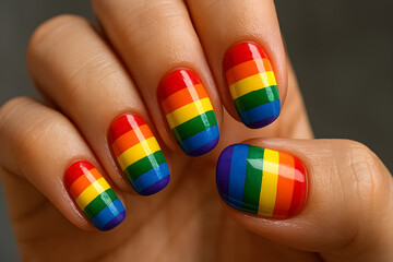 Close-up of painted nails with pride flag colors.