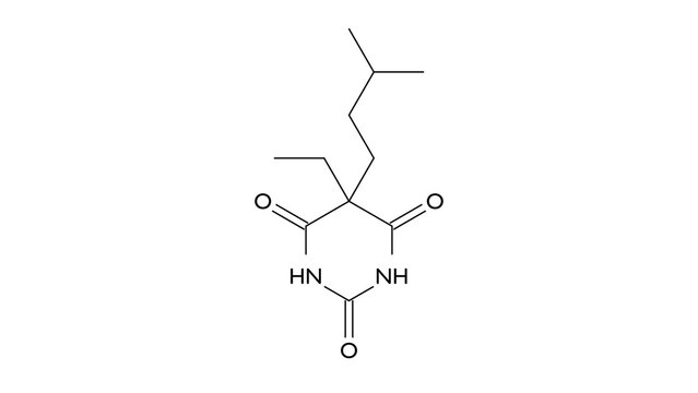 amobarbital molecule, structural chemical formula, ball-and-stick model, isolated image barbiturate sedative