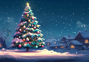 Obraz premium Snow Covered Christmas Tree in Winter Village at Night