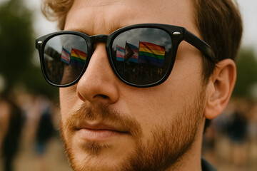 Pride flags reflected in sunglasses during an outdoor event