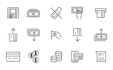 ATM machine row icon collection. minimal for withdrawing money, depositing, taking cash, receipt. vector illustration