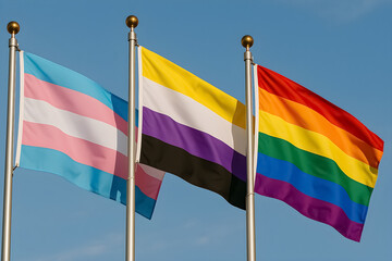 Transgender, nonbinary, and rainbow flags together in a row