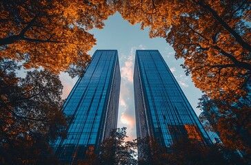 Twin skyscrapers framed by autumn trees capturing urban grandeur and seasonal beauty