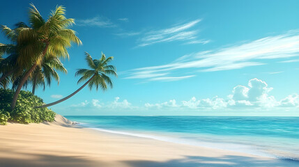 Fototapeta premium Tropical beach scene with palm trees and clear blue sky.