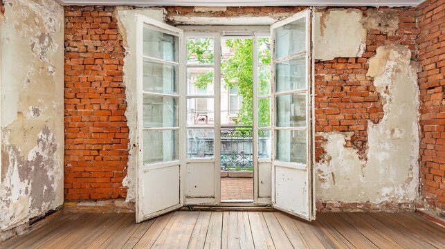 Empty room with old brick wall and French doors opening to a view