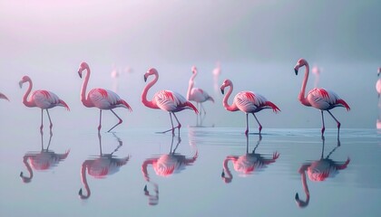 Obraz premium A group of flamingos wading in a tranquil lake, their pink reflections shimmering on the water under a soft morning mist. 