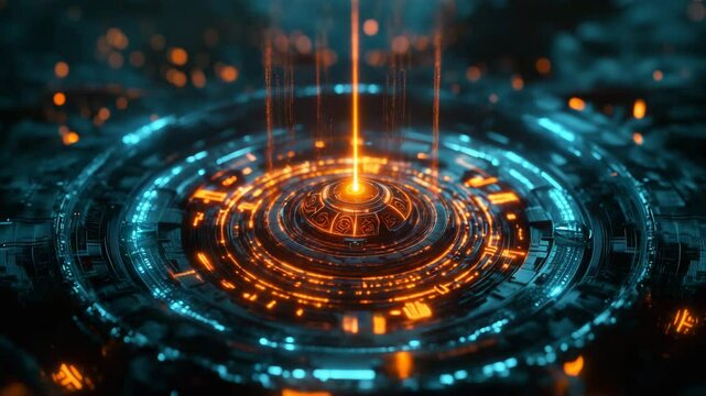 Rotating circular chakra hologram with glowing energy interface. sacred geometry