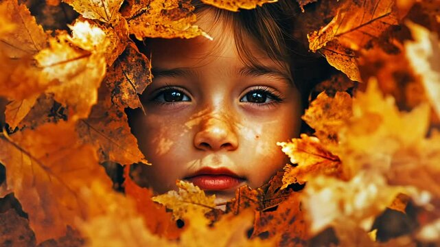 Close-up of child peering through a circle of autumn leaves in golden sunlight at a park
