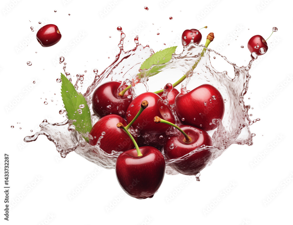 Poster a group of cherries with stems and leaves surrounded by a splash of water on a transparent backgroun