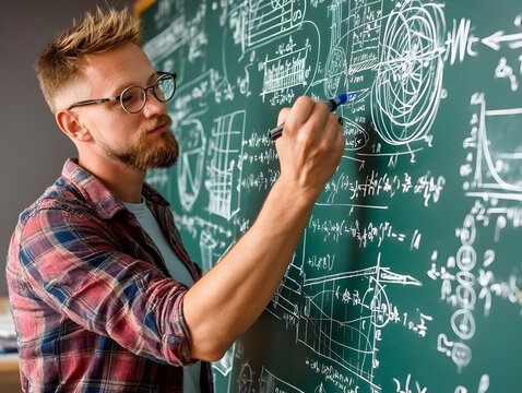 A focused male professor diligently writes complex mathematical equations on a large chalkboard du a lecture.