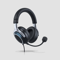 Black and Silver Professional Gaming Headset with Microphone on White Background