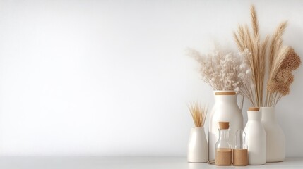Naklejka premium Various white vases and bottles arranged on a white surface with dried flowers and pampas grass, minimalist interior decor, and neutral tones.