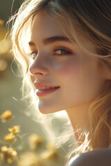 Young woman smiling with sunlight behind her in a warm, golden glow