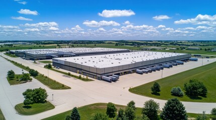 Aerial view of a distribution center with vehicles moving in and out of the warehouse