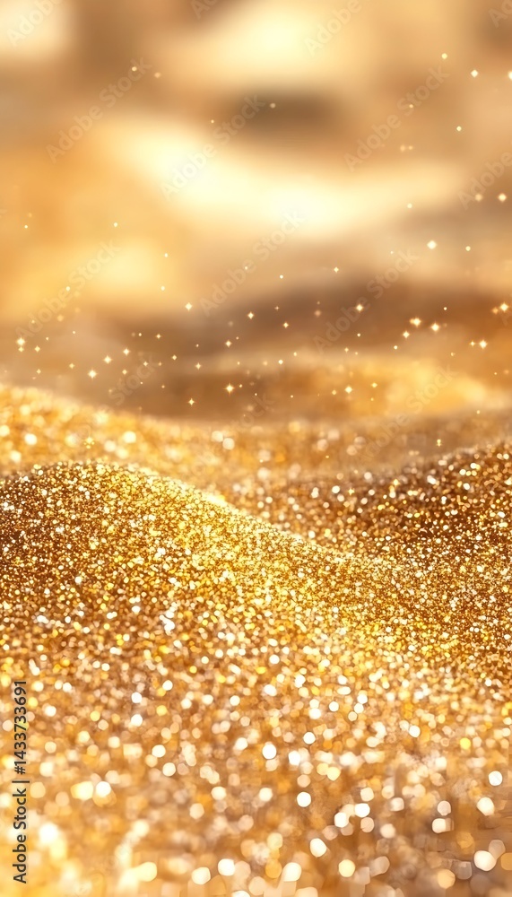 Poster shimmering golden texture with sparkling particles and soft, blurred background