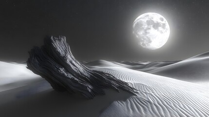 Surreal Nocturnal Panorama: Luminous Moon Illuminates Undulating Silver Dunes with Contrasting Patterns and a Lone Driftwood Evoking Quiet Introspection in the Desert