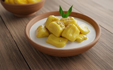 Sweet Jackfruit Cubes in Creamy Coconut Milk,Garnished with Sesame Seeds and Pandan Leaf