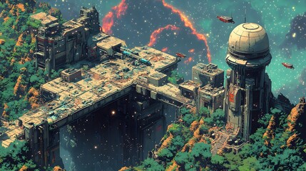 Detailed Isometric View of a Decaying Galactic Spaceport with Overgrown Vegetation and a Hovering Alien Spacecraft Amid a Starry Nebula Backdrop