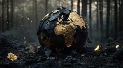 Shattered gold earth, forest fire background, environmental disaster concept
