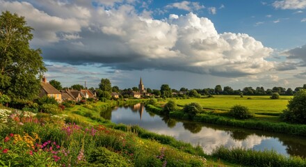 Obraz premium Picturesque village by a river under dramatic sky