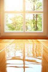Fototapeta premium Sunlit window view reflected on polished wooden floor