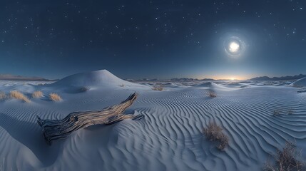 Surreal Nocturnal Panorama: Luminous Moon Illuminates Undulating Silver Dunes with Contrasting Patterns and a Lone Driftwood Evoking Quiet Introspection in the Desert