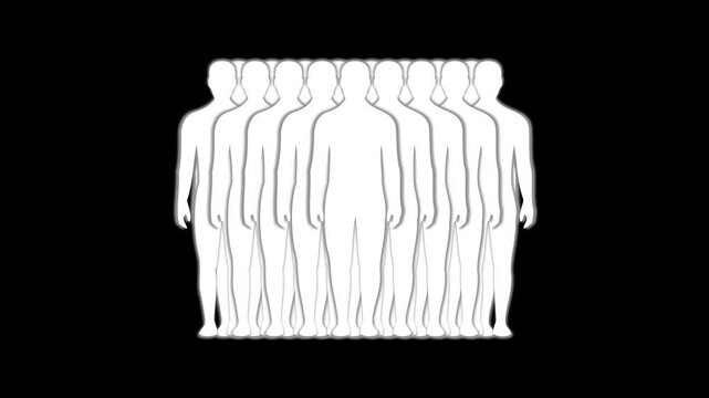 Multiple white human silhouettes with shadow effect on black background
