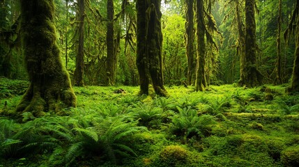 Obraz premium Lush emerald forest floor, moss-covered trees, vibrant green ferns
