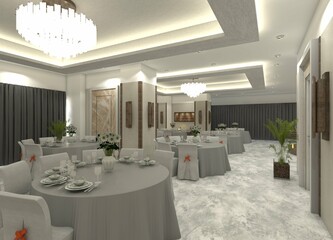 Luxurious 3D restaurant dining room interior design with dining sets, lighting decor, and varied wall panels.