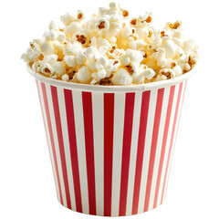 Popcorn in a striped paper bucket for a cozy movie night at home