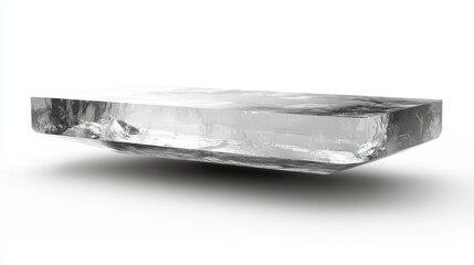 A sleek crystal podium with a polished, smooth surface, floating on a white background