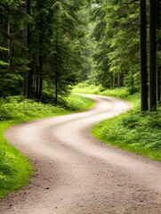 Obraz premium Winding dirt road curves through a lush green forest, sunlight dappling the path