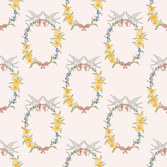 Preppy Rustic Wreath with Flowers daffodil bouquet, birds, bows Branch spring seamless pattern
