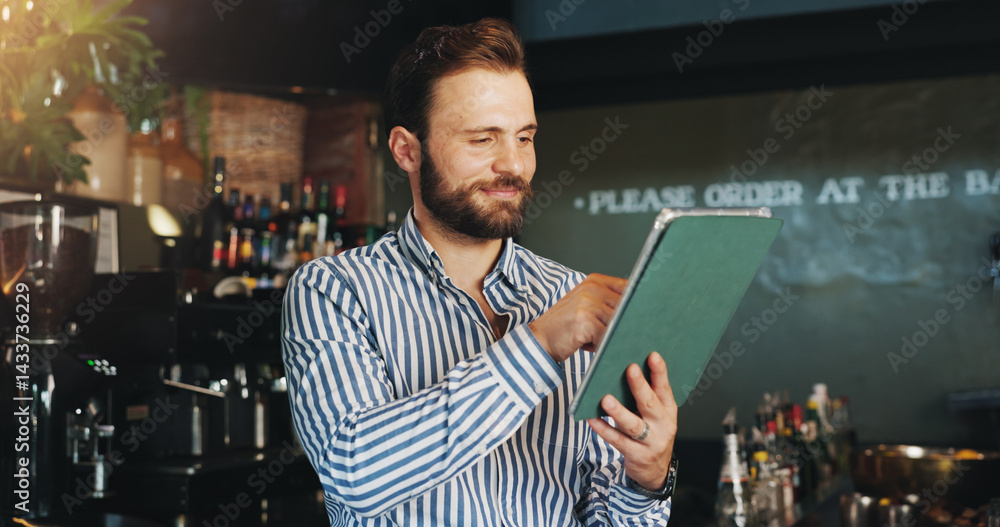 Poster coffee shop, manager and man on tablet in cafe for menu items, inventory and order checklist. restau