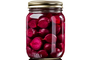 A glass jar filled with pickled radishes in a dark red brine against a transparent background in studio light png
