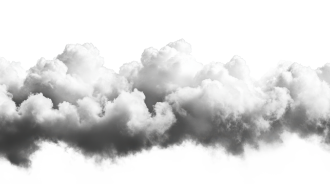 Cloudscape with dark gray clouds isolated against a white background showcasing dynamic textures