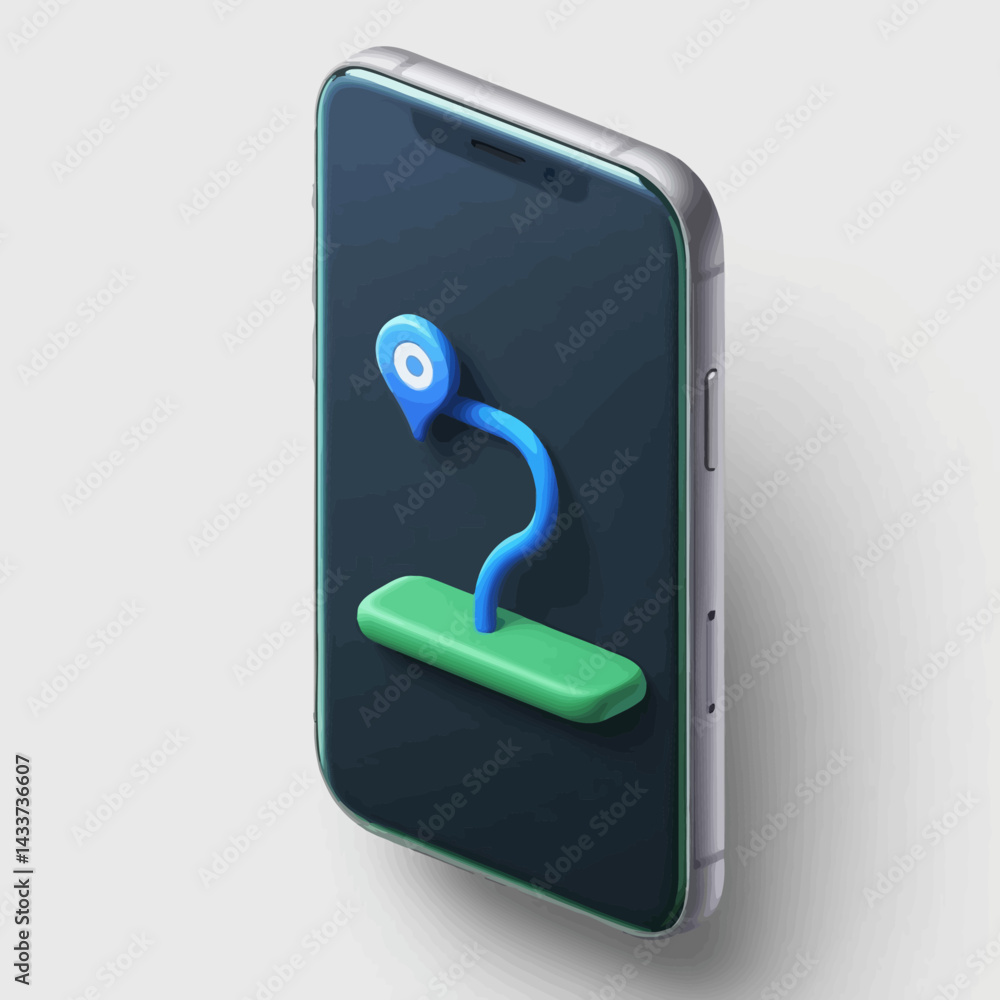 Poster navigation app on smartphone with blue location pin and green base